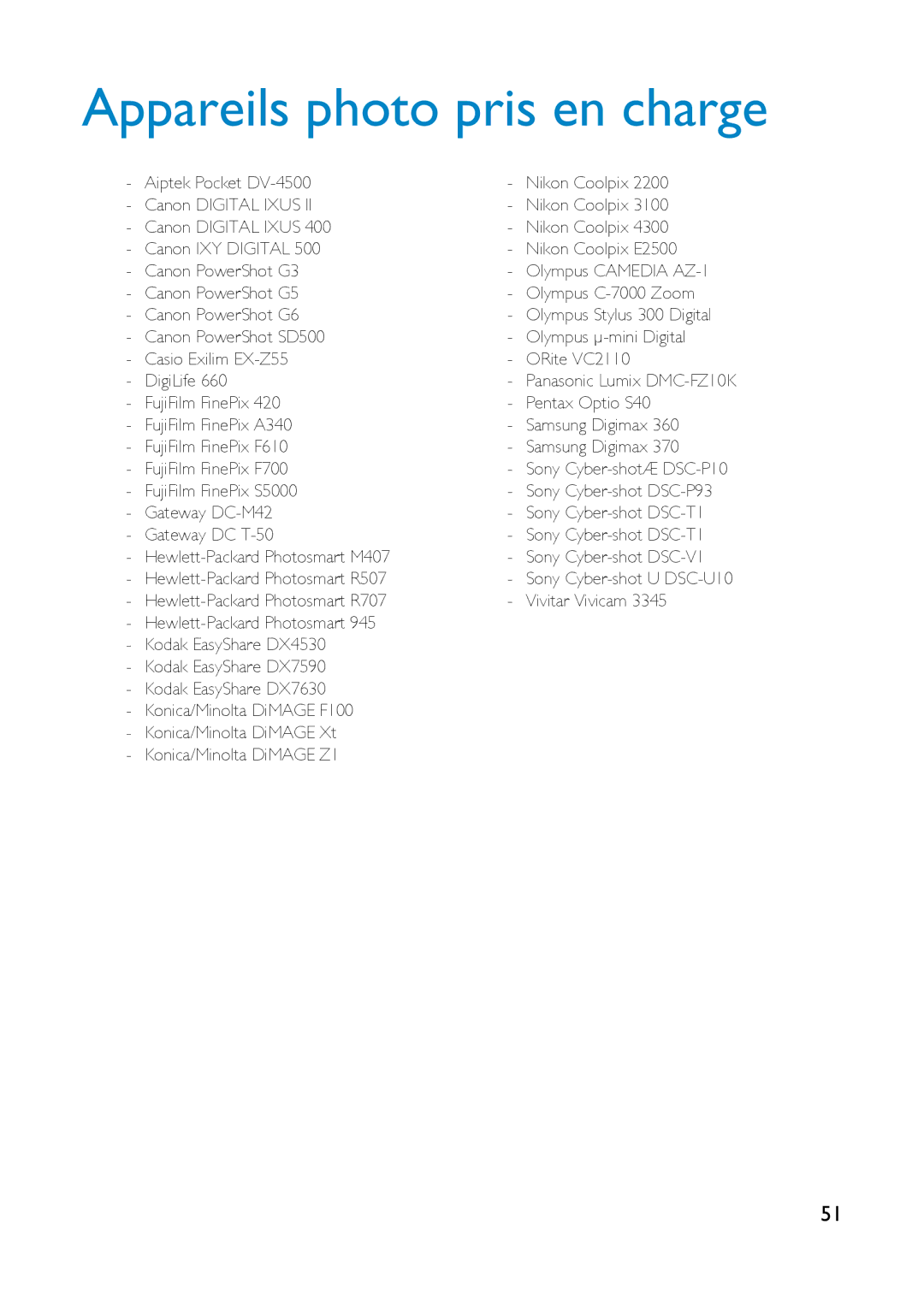 Philips HDD6320, HD6630, HDD6335 user manual Appareils photo pris en charge 