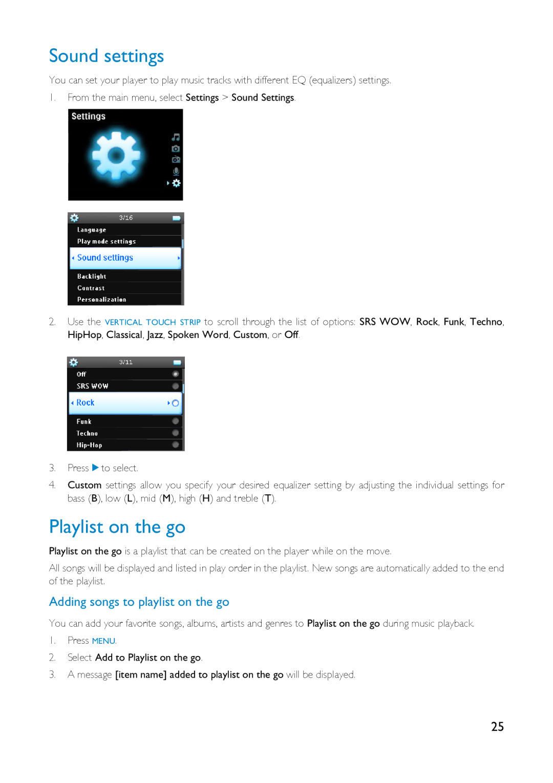 Philips HDD6320 user manual Sound settings, Playlist on the go, Adding songs to playlist on the go 