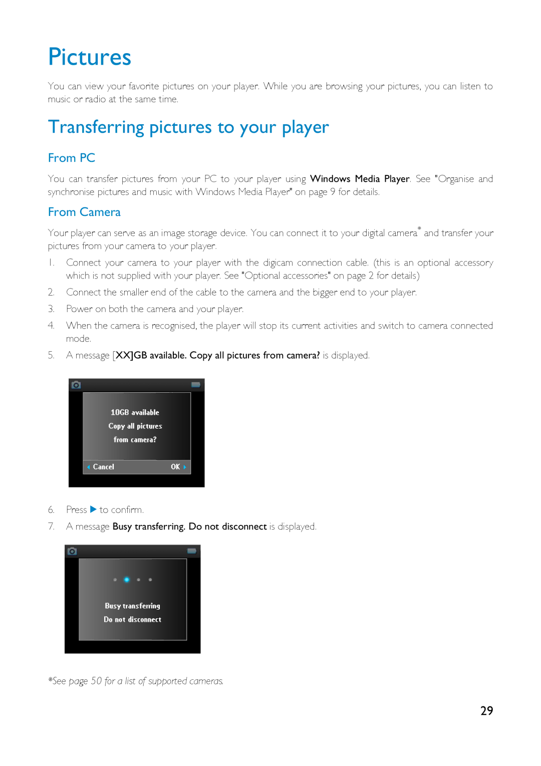 Philips HDD6320 user manual Pictures, Transferring pictures to your player, From PC, From Camera 