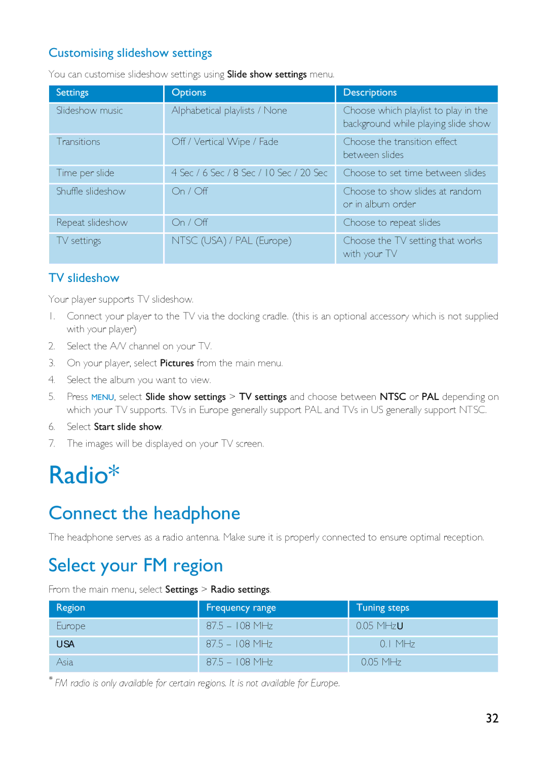 Philips HDD6320 Radio, Connect the headphone, Select your FM region, Customising slideshow settings, TV slideshow 