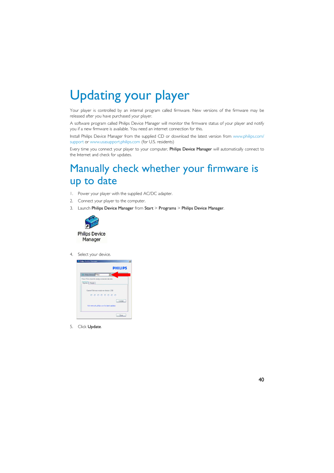 Philips HDD6320 user manual Updating your player, Manually check whether your firmware is up to date 