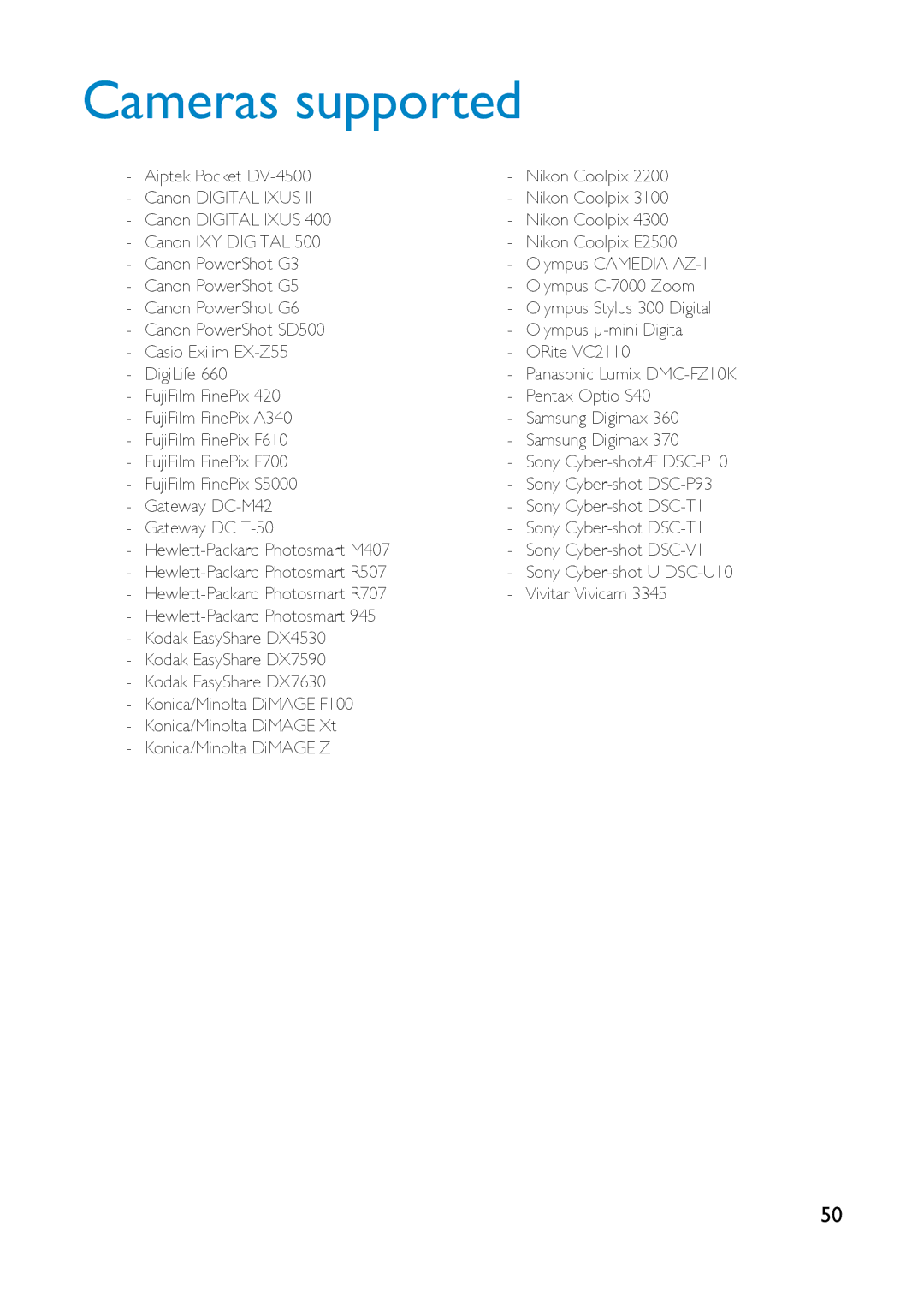 Philips HDD6320 user manual Cameras supported 