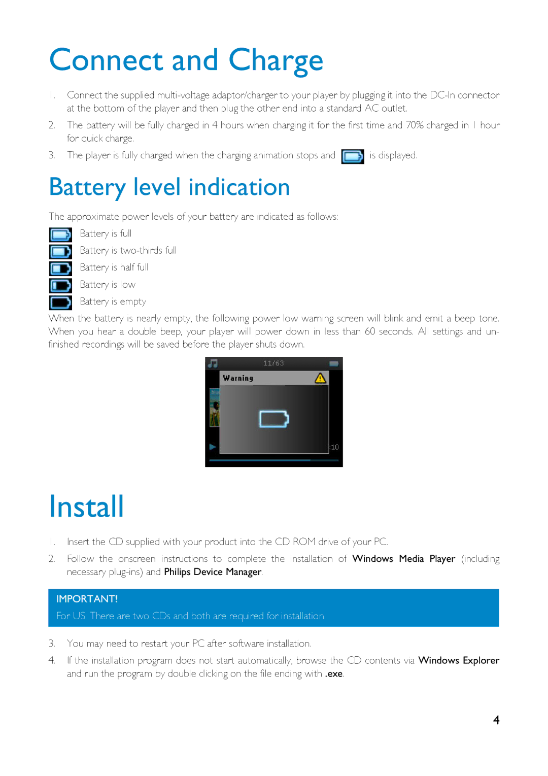 Philips HDD6320 user manual Connect and Charge, Install, Battery level indication 