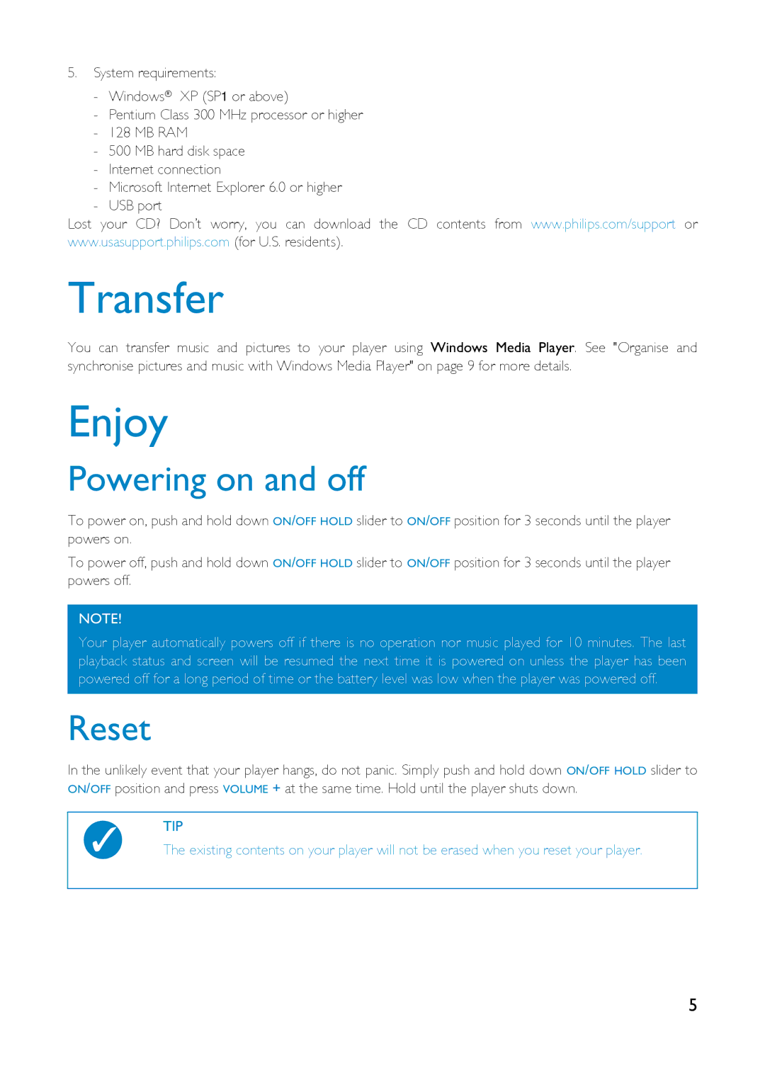 Philips HDD6320 user manual Transfer, Enjoy, Powering on and off, Reset 