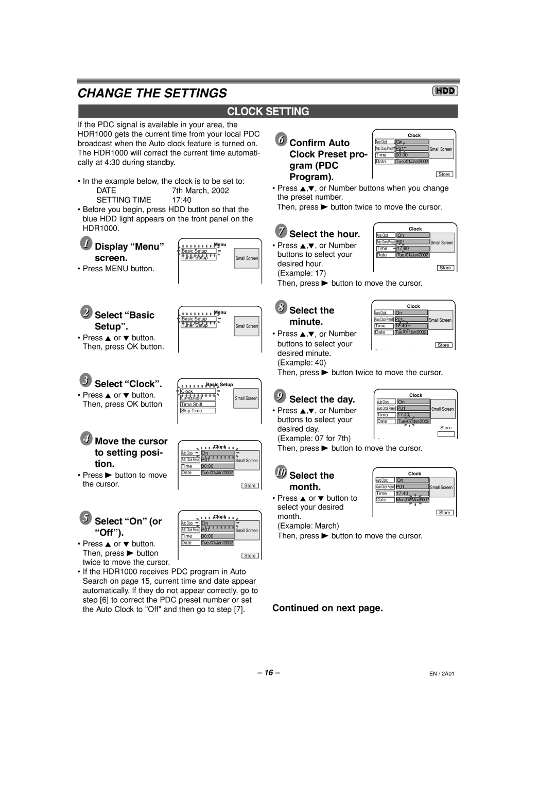 Philips HDR1000/01 specifications Change the Settings, Clock Setting 