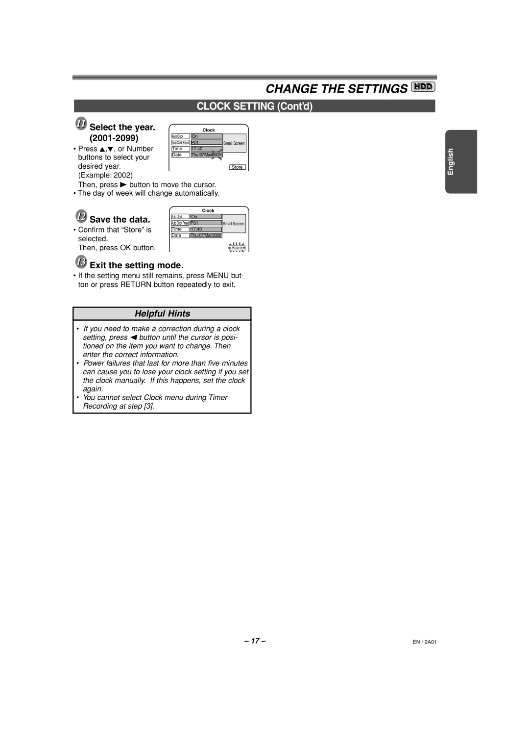 Philips HDR1000/01 specifications Select the year, 2001-2099, Exit the setting mode 