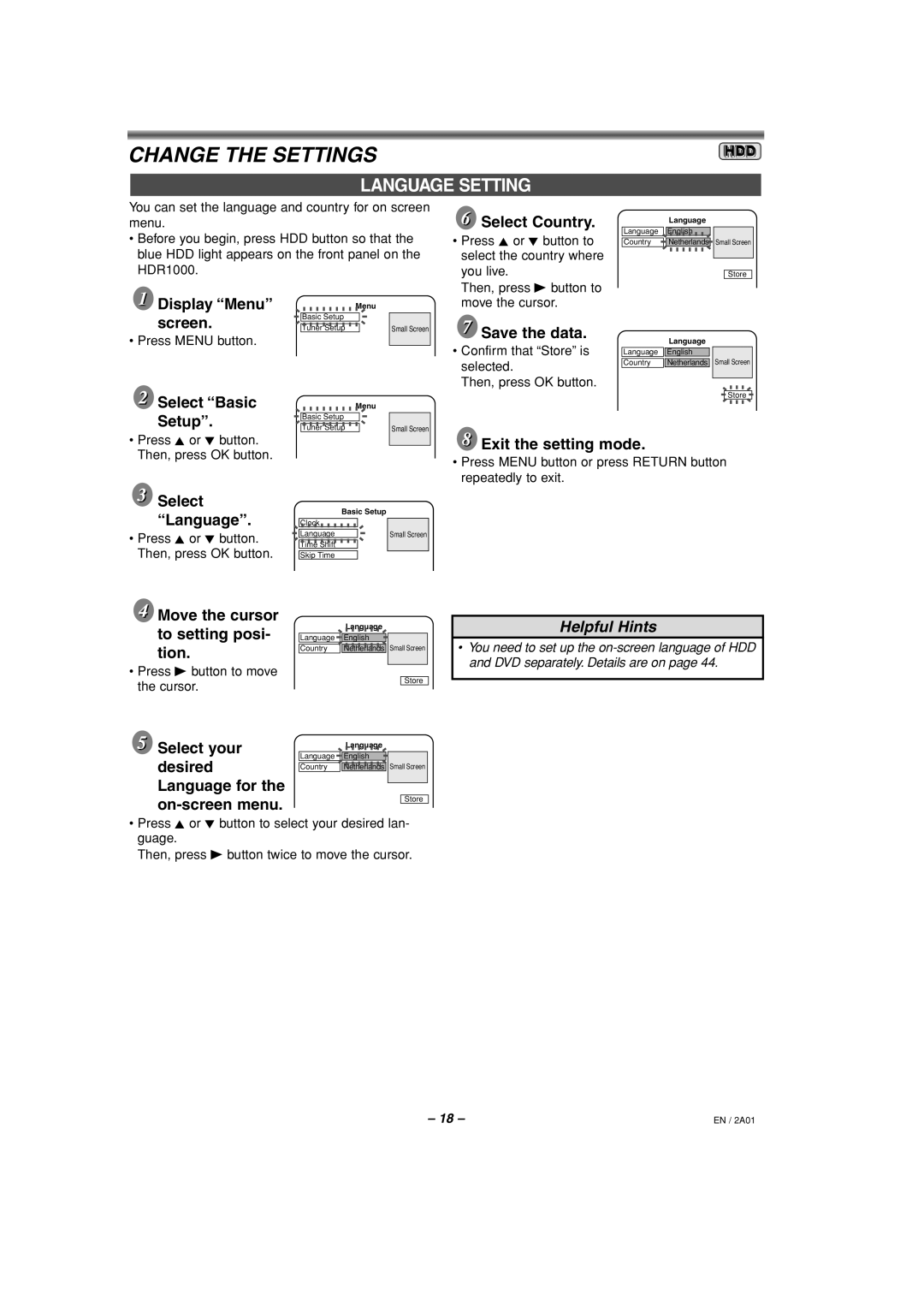 Philips HDR1000/01 specifications Language Setting, Select Language. Clock 