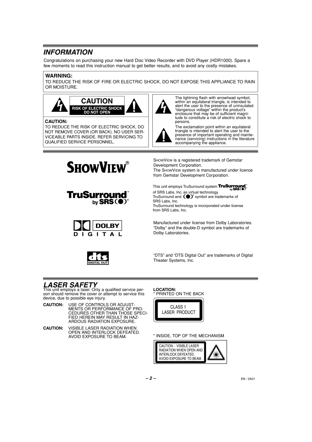 Philips HDR1000/01 specifications Information, Laser Safety 