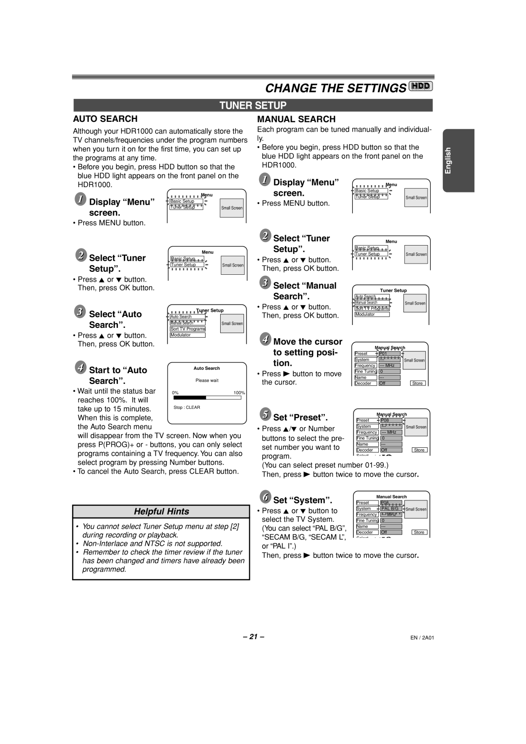 Philips HDR1000/01 specifications Tuner Setup 