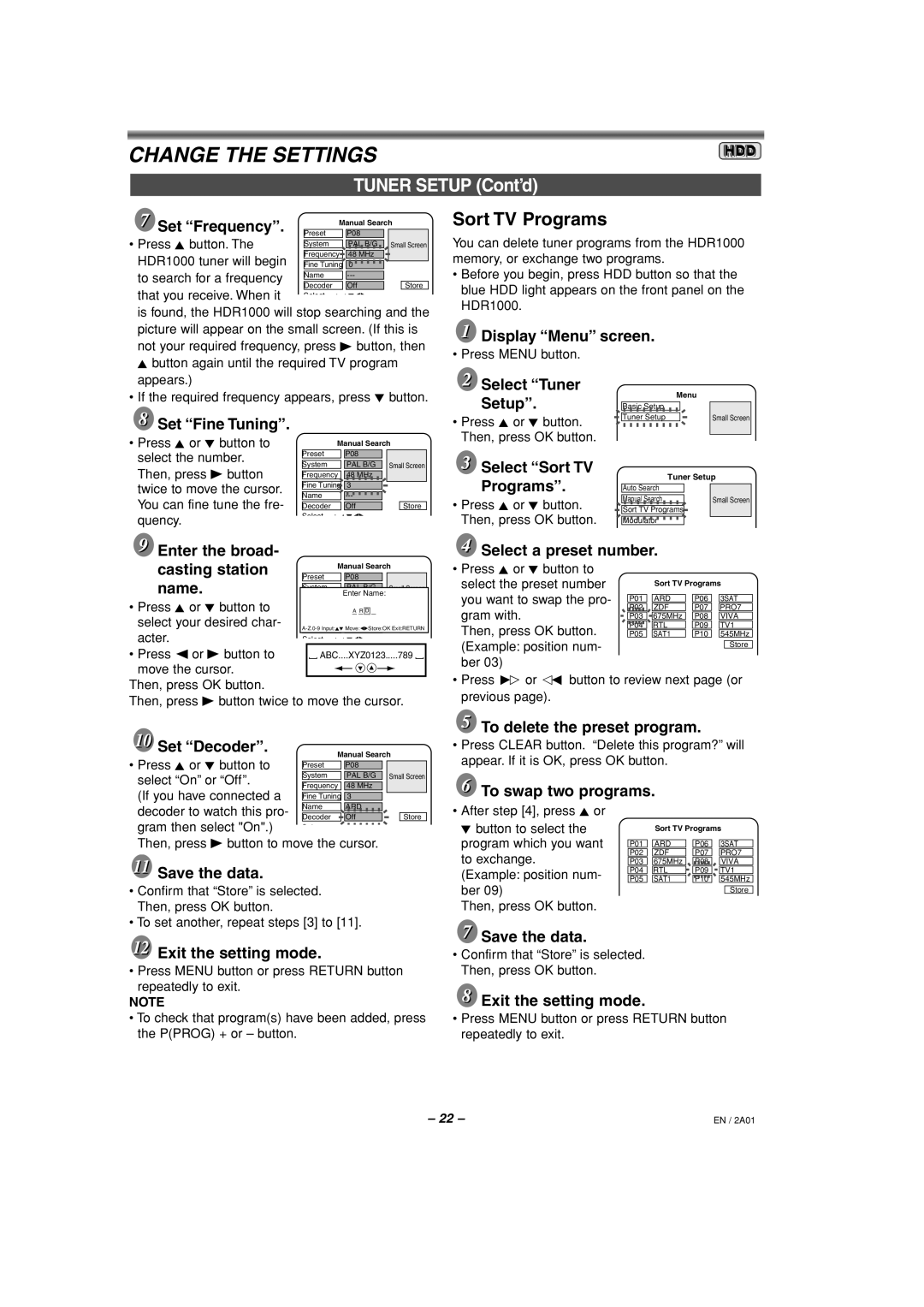 Philips HDR1000 Set Frequency, Set Fine Tuning, Select Sort TV, Programs, Enter the broad Casting station, Name 