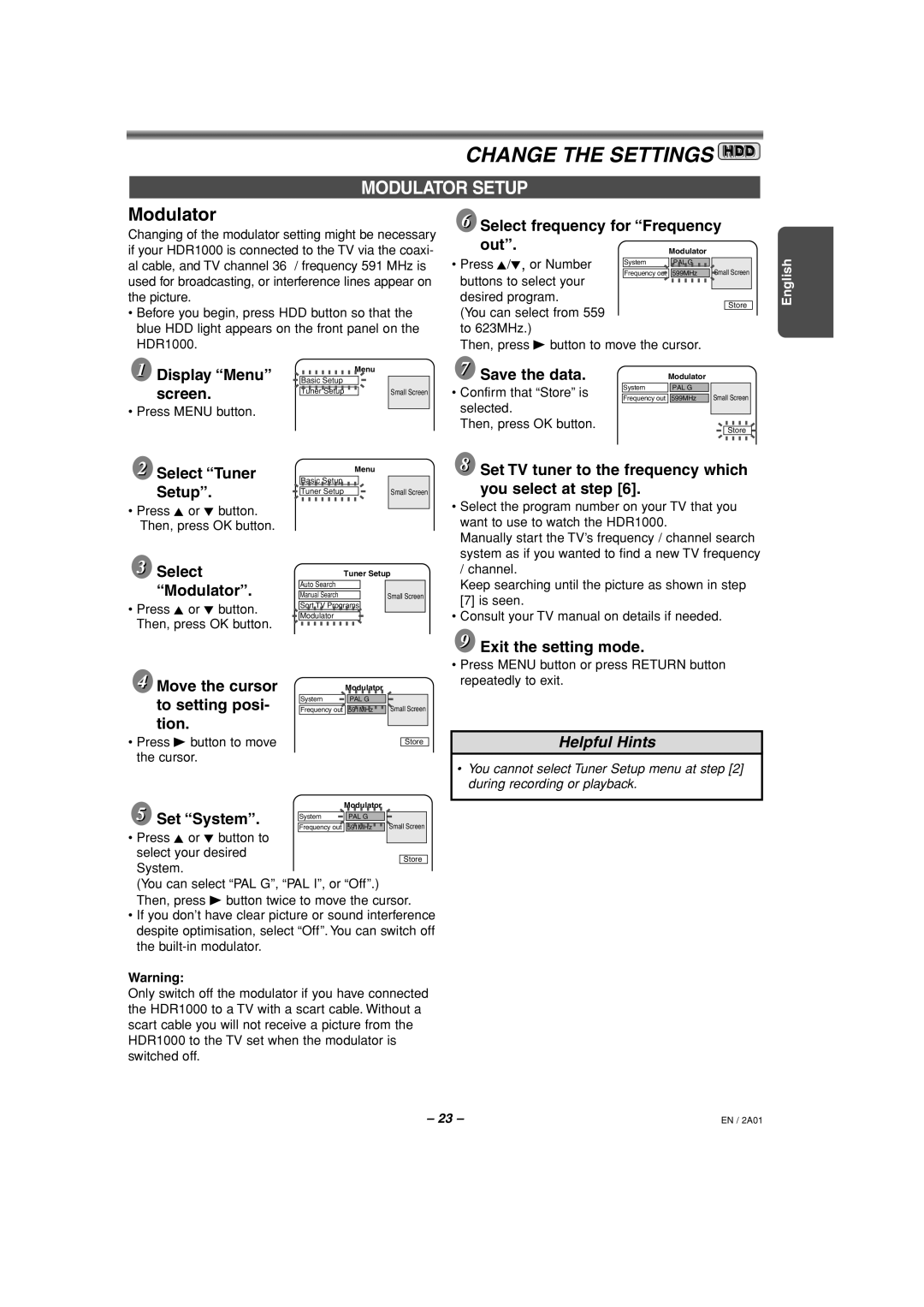 Philips HDR1000/01 specifications Modulator Setup, Select frequency for Frequency out, Select Modulator 