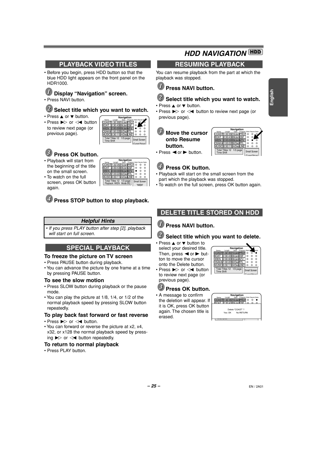 Philips HDR1000/01 HDD Navigation, Playback Video Titles, Resuming Playback, Delete Title Stored on HDD, Special Playback 