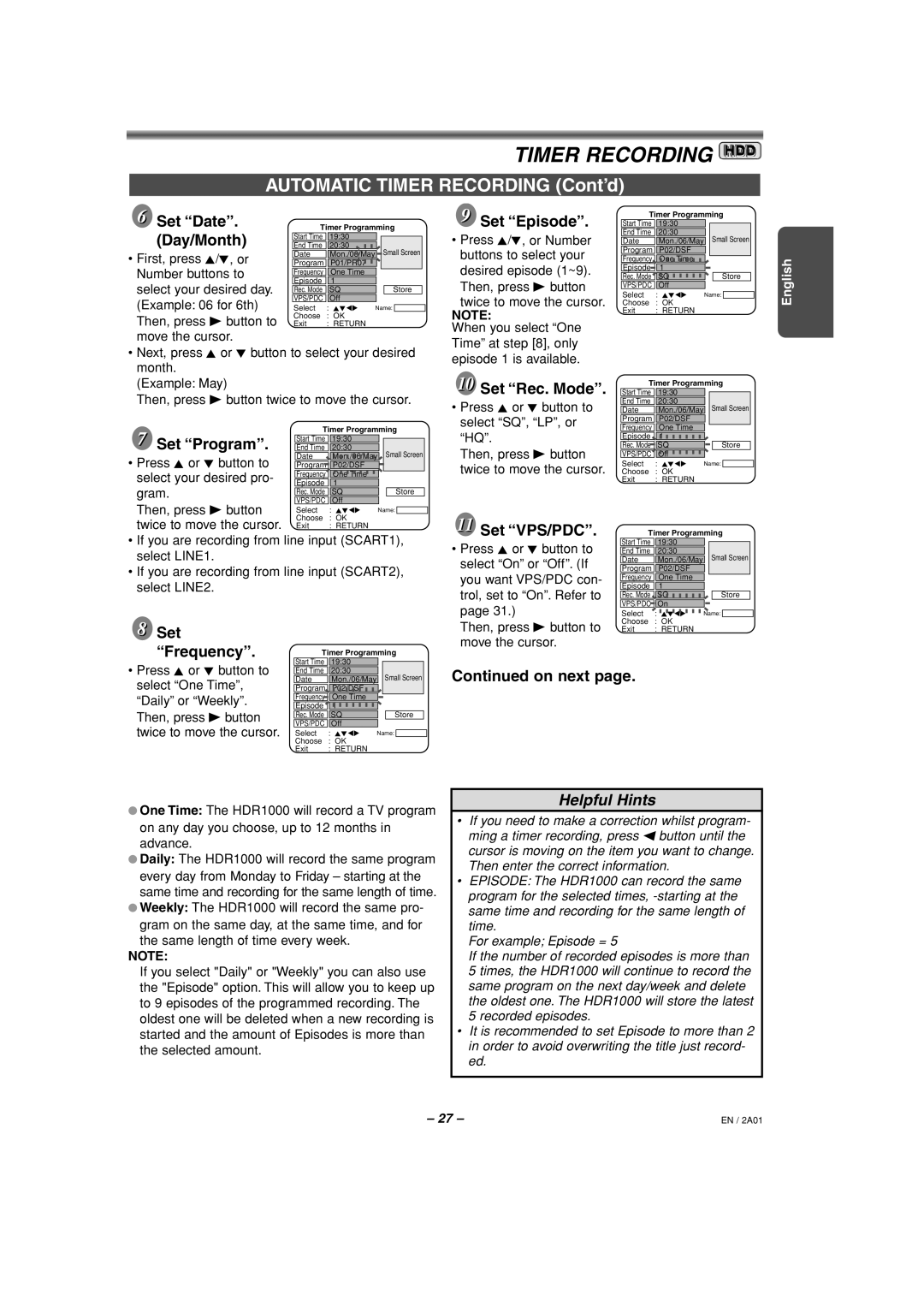 Philips HDR1000/01 specifications Set Date, Day/Month, Set Program, Set Episode, Set Rec. Mode, Set VPS/PDC 