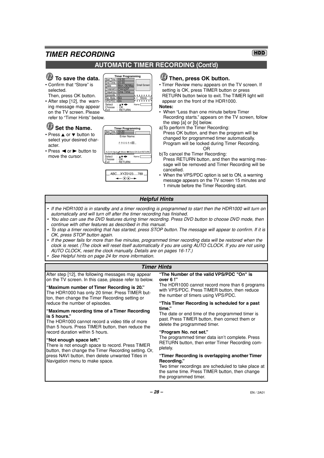 Philips HDR1000/01 specifications To save the data, Then, press OK button, Set the Name 