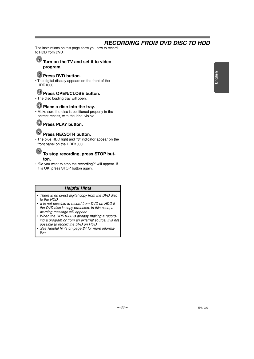 Philips HDR1000/01 specifications Recording from DVD Disc to HDD 