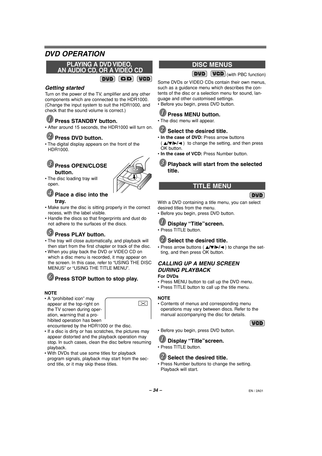 Philips HDR1000/01 specifications DVD Operation, Disc Menus, Title Menu 