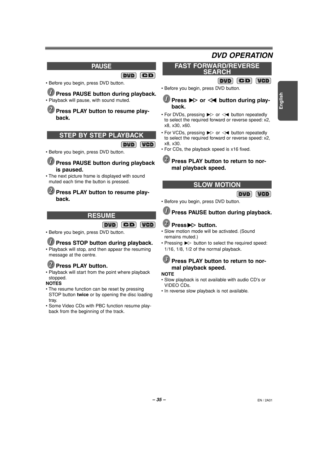 Philips HDR1000/01 specifications Pause, Step by Step Playback, Resume, Fast FORWARD/REVERSE Search, Slow Motion 