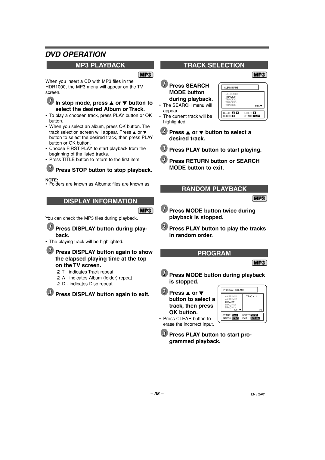 Philips HDR1000/01 specifications MP3 Playback Track Selection, Display Information, Program 