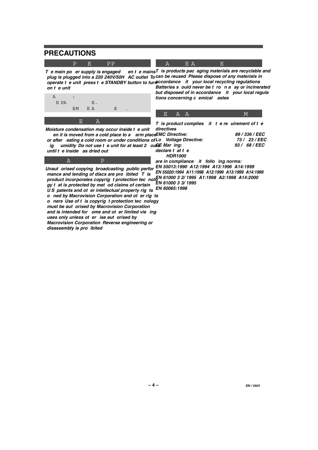 Philips HDR1000/01 specifications Precautions, Power Supply, DEW Warning, About Copyright, Declaration of Conformity 