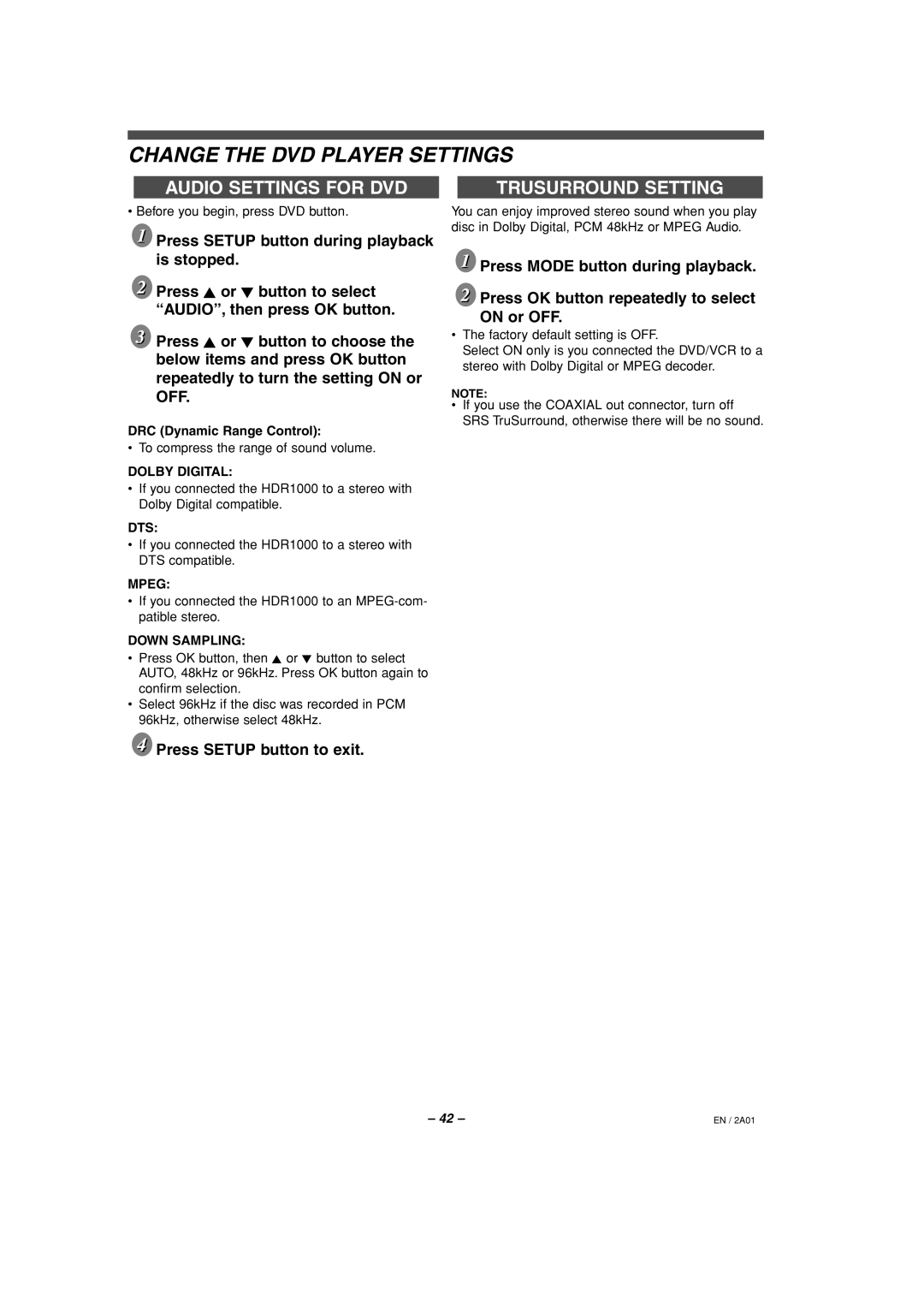 Philips HDR1000/01 specifications Change the DVD Player Settings, Audio Settings for DVD, Trusurround Setting 