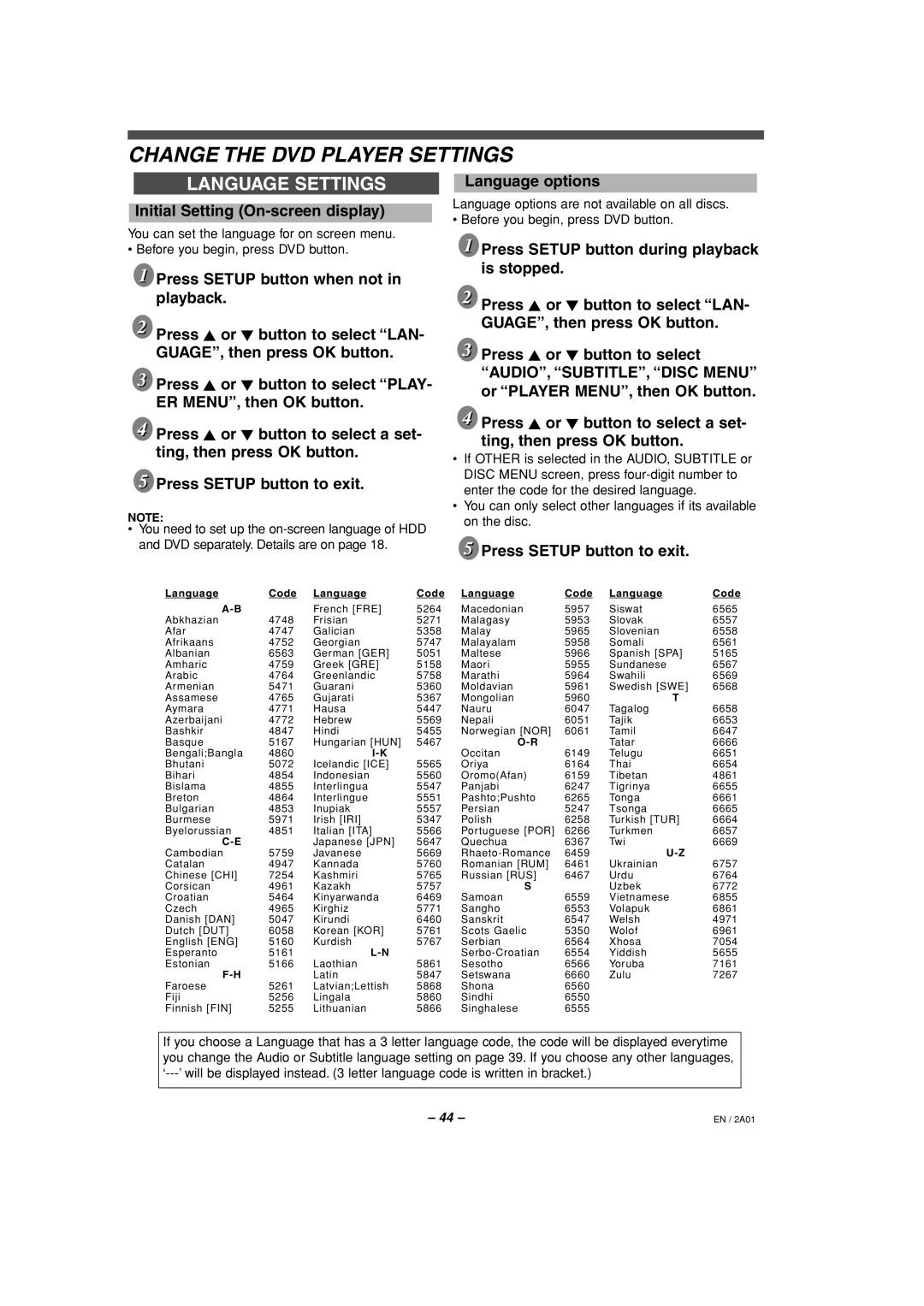 Philips HDR1000/01 specifications Language Settings, Language options Initial Setting On-screen display 