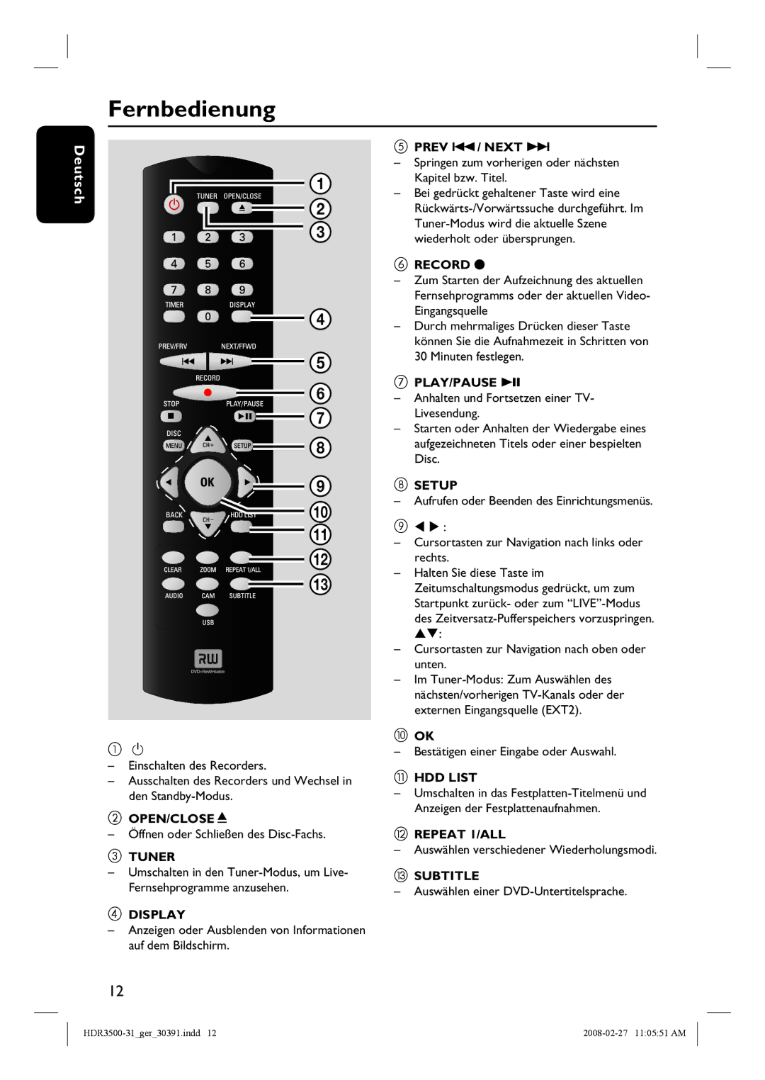 Philips HDR3500 manual Fernbedienung 