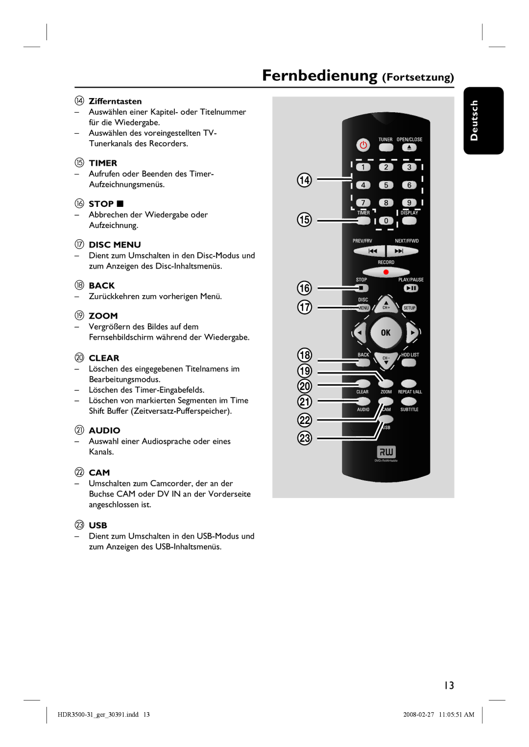 Philips HDR3500 manual Fernbedienung Fortsetzung 