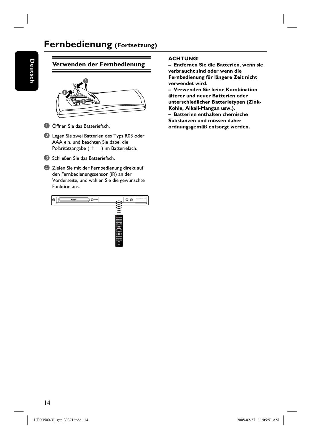 Philips HDR3500 manual Fortsetzung, Achtung 