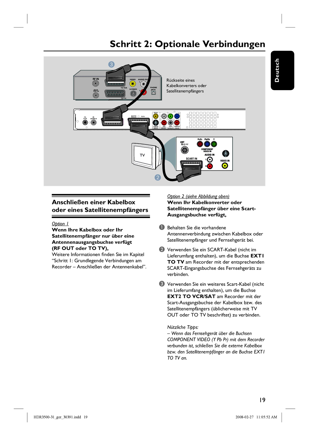 Philips HDR3500 manual Schritt 2 Optionale Verbindungen, Rückseite eines Kabelkonverters oder Satellitenempfängers 
