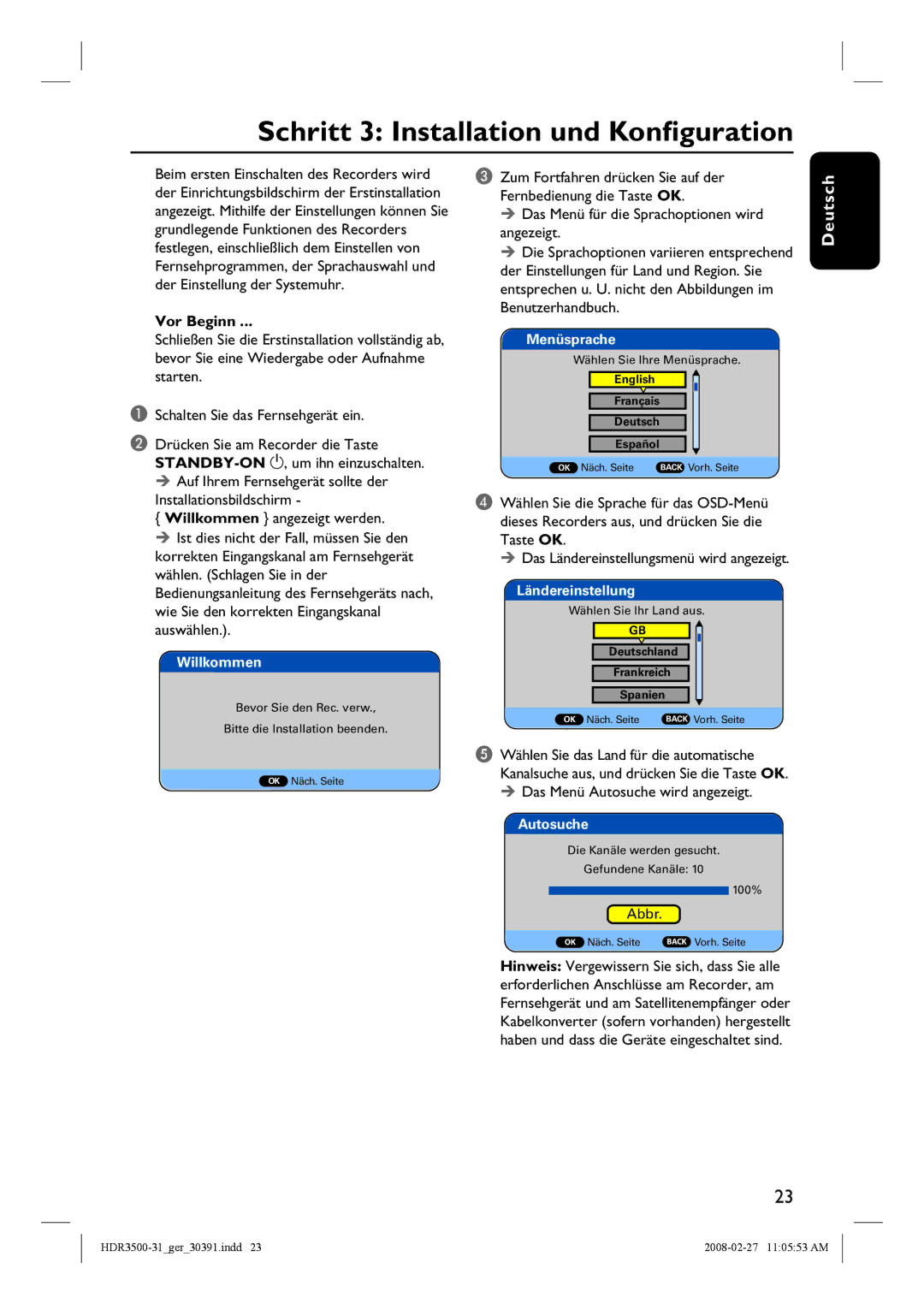 Philips HDR3500 manual Schritt 3 Installation und Konfiguration, Vor Beginn, Das Menü Autosuche wird angezeigt 