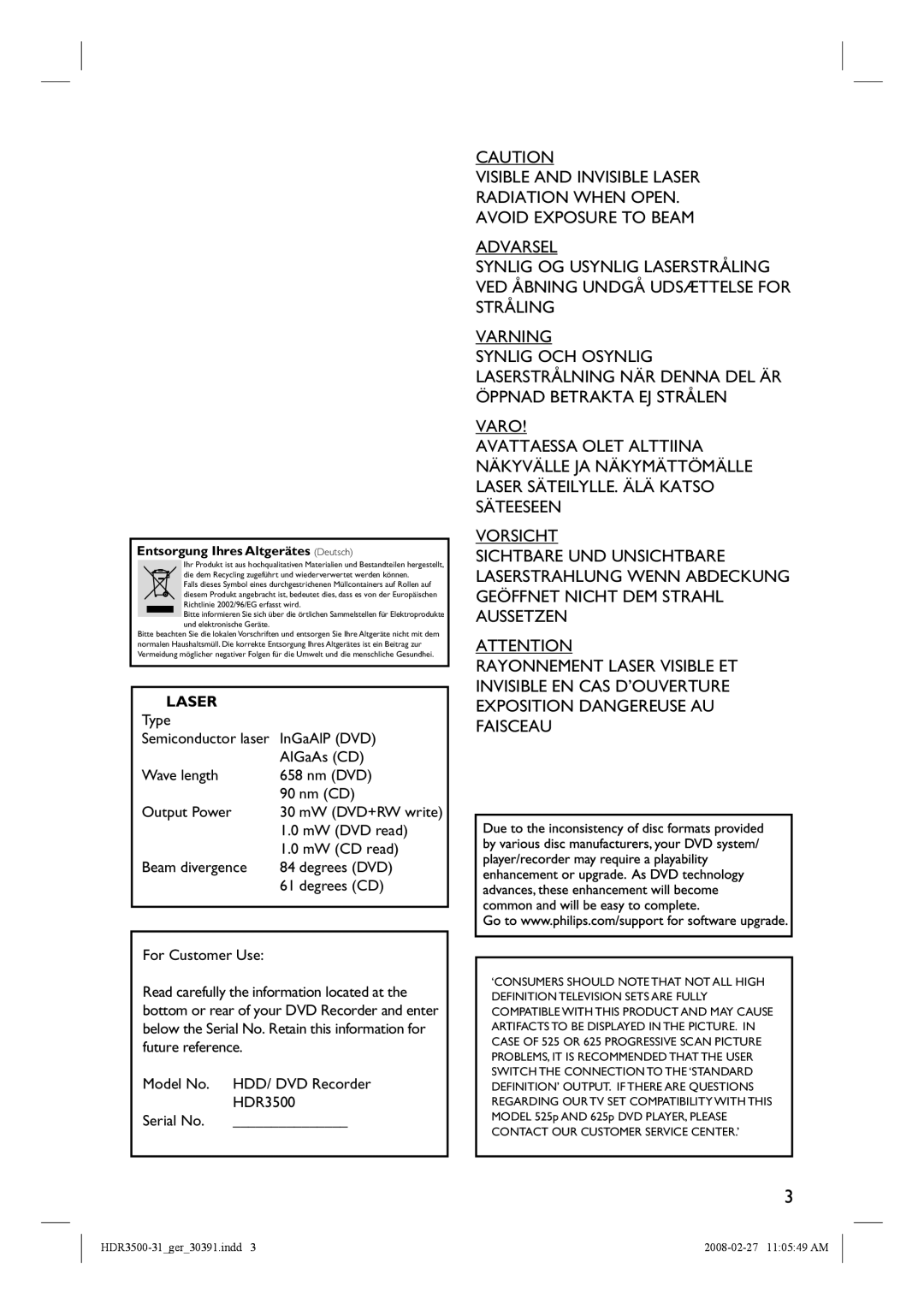 Philips HDR3500 manual Laser 