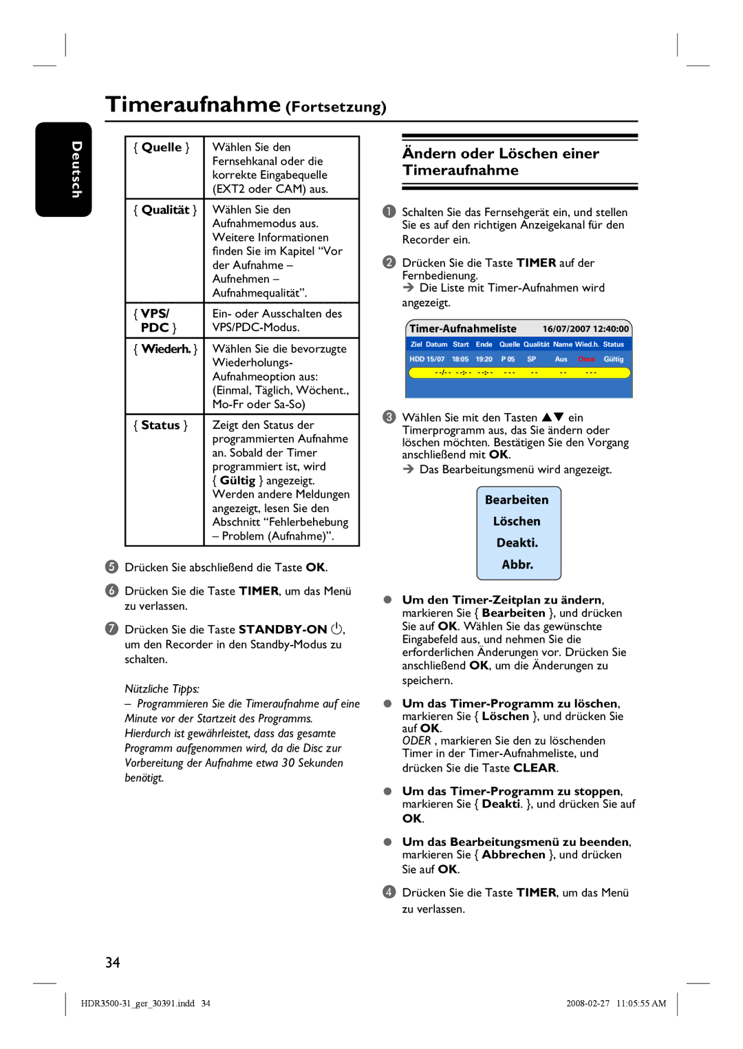 Philips HDR3500 manual Timeraufnahme Fortsetzung, Ändern oder Löschen einer Timeraufnahme, Pdc 