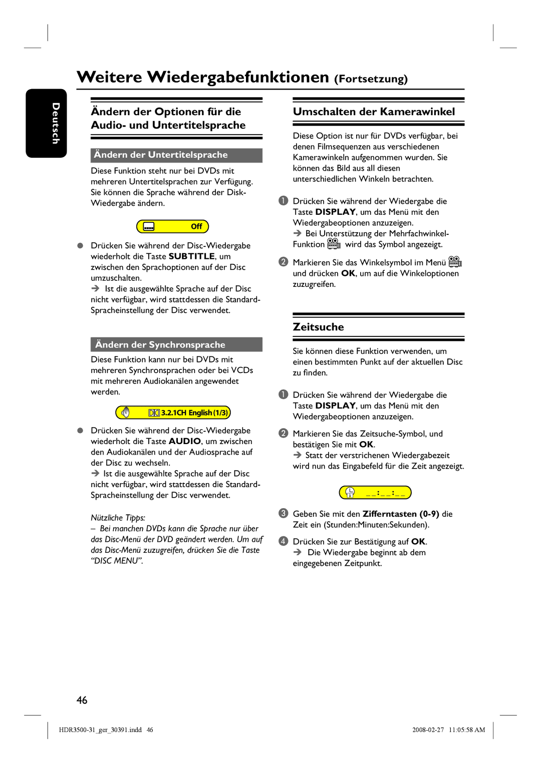 Philips HDR3500 manual Ändern der Optionen für die Audio- und Untertitelsprache, Umschalten der Kamerawinkel, Zeitsuche 