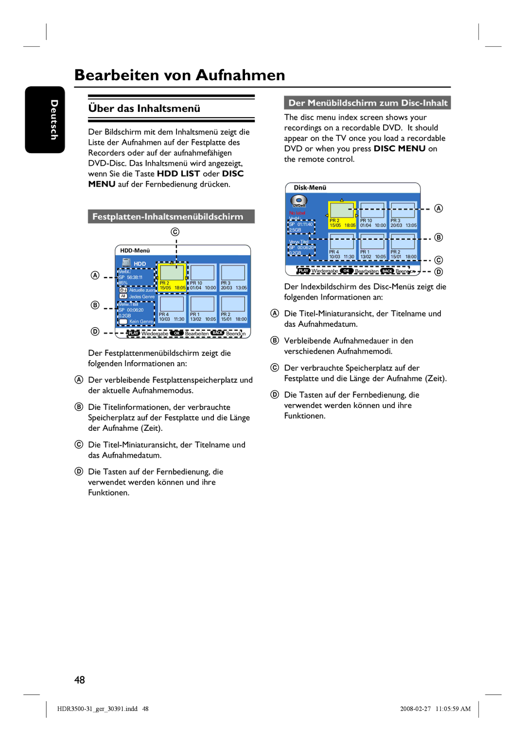 Philips HDR3500 manual Bearbeiten von Aufnahmen, Über das Inhaltsmenü, Funktionen 