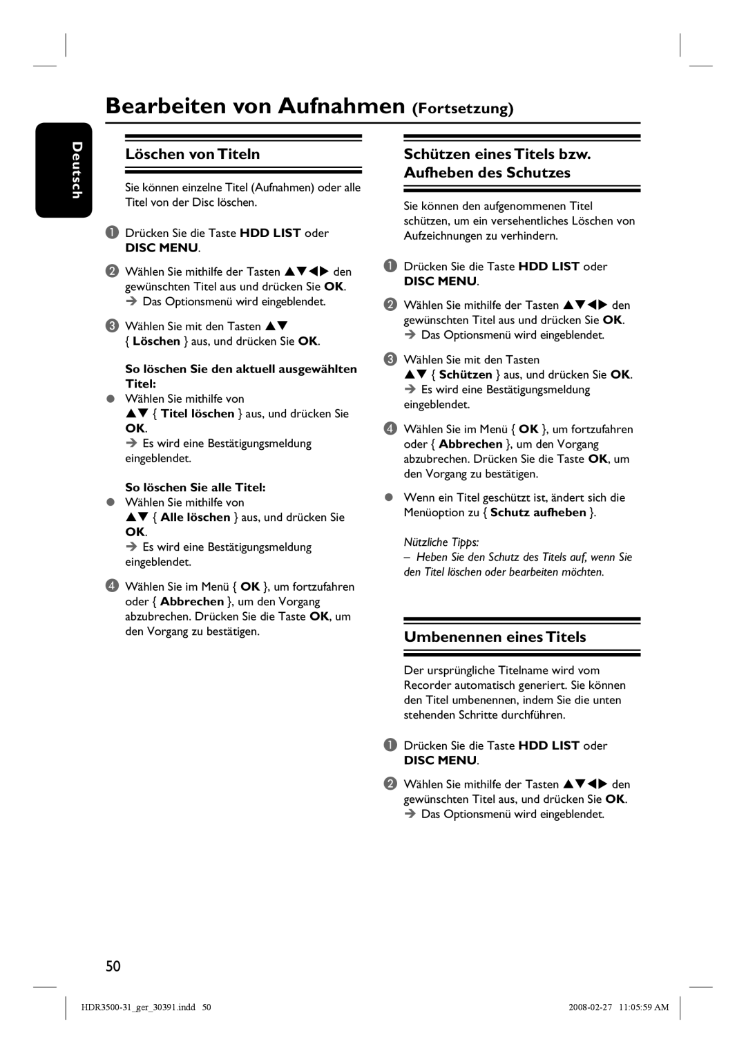 Philips HDR3500 Löschen von Titeln, Schützen eines Titels bzw Aufheben des Schutzes, Umbenennen eines Titels, Disc Menu 