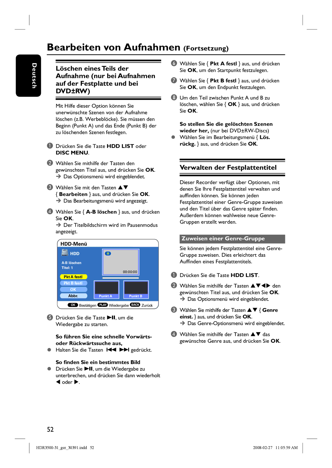 Philips HDR3500 manual Verwalten der Festplattentitel, Zuweisen einer Genre-Gruppe 