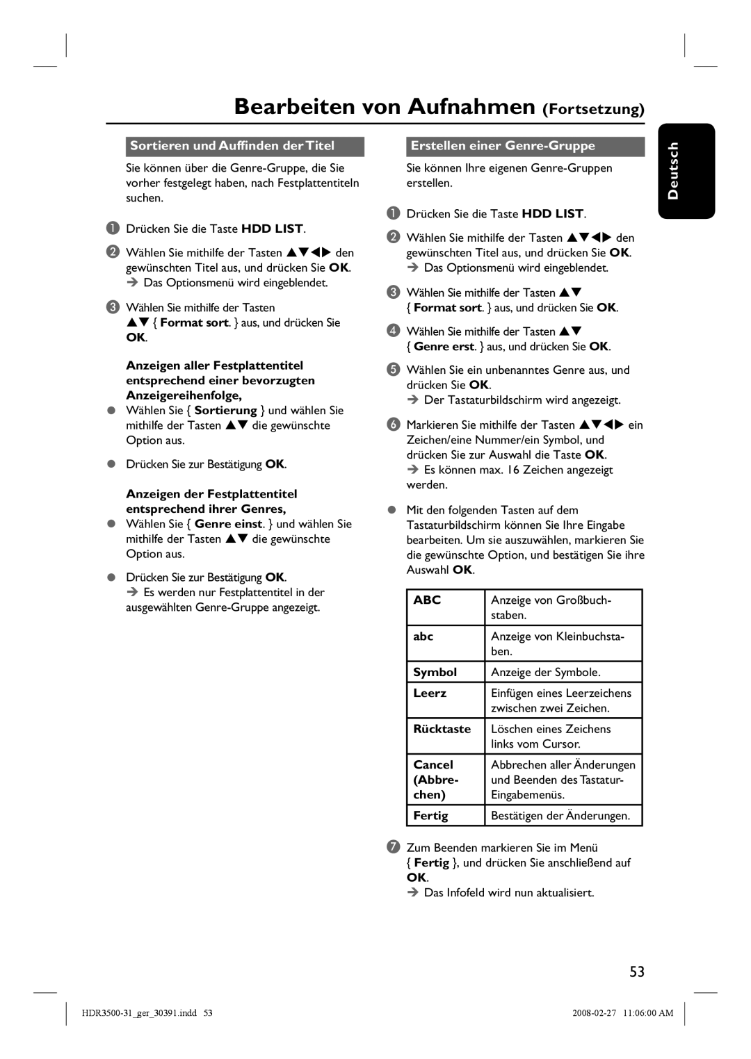 Philips HDR3500 manual Zeichen/eine Nummer/ein Symbol, und 