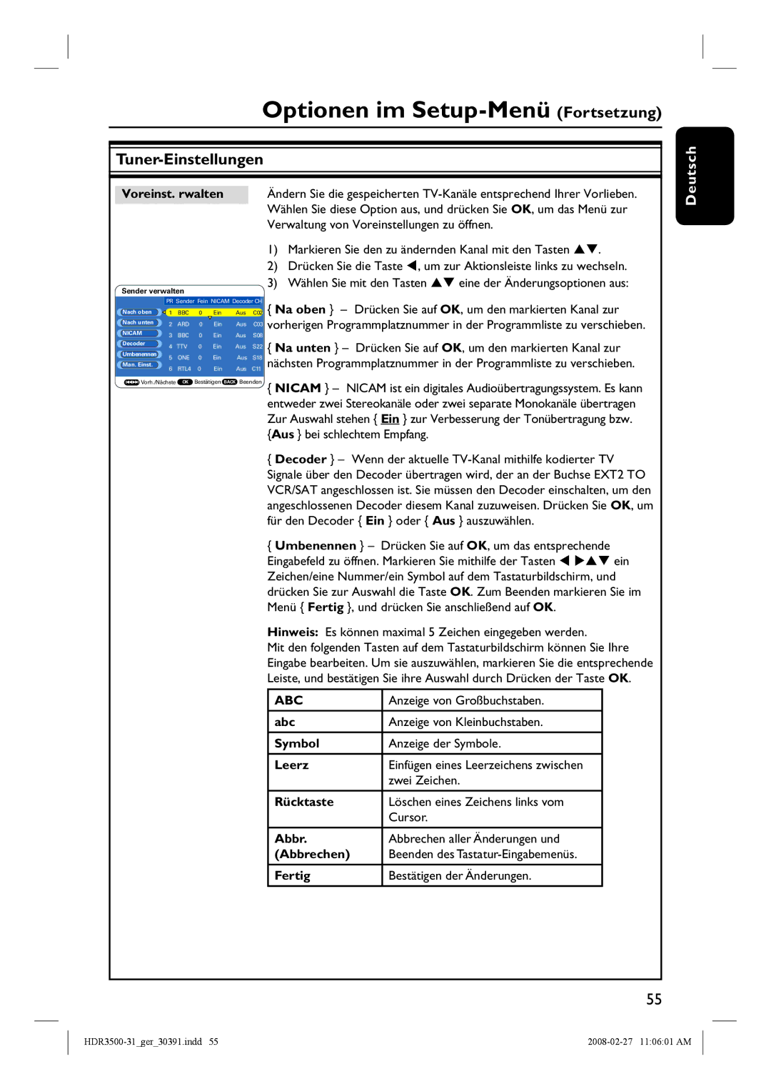 Philips HDR3500 manual Optionen im Setup-Menü Fortsetzung, Tuner-Einstellungen 