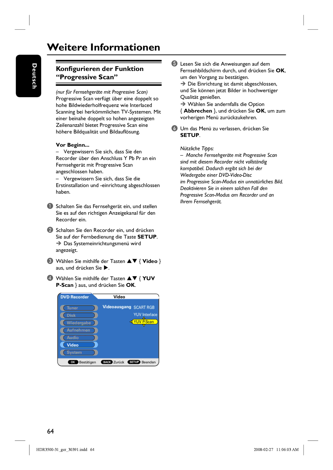 Philips HDR3500 manual Weitere Informationen, Konfigurieren der Funktion Progressive Scan 