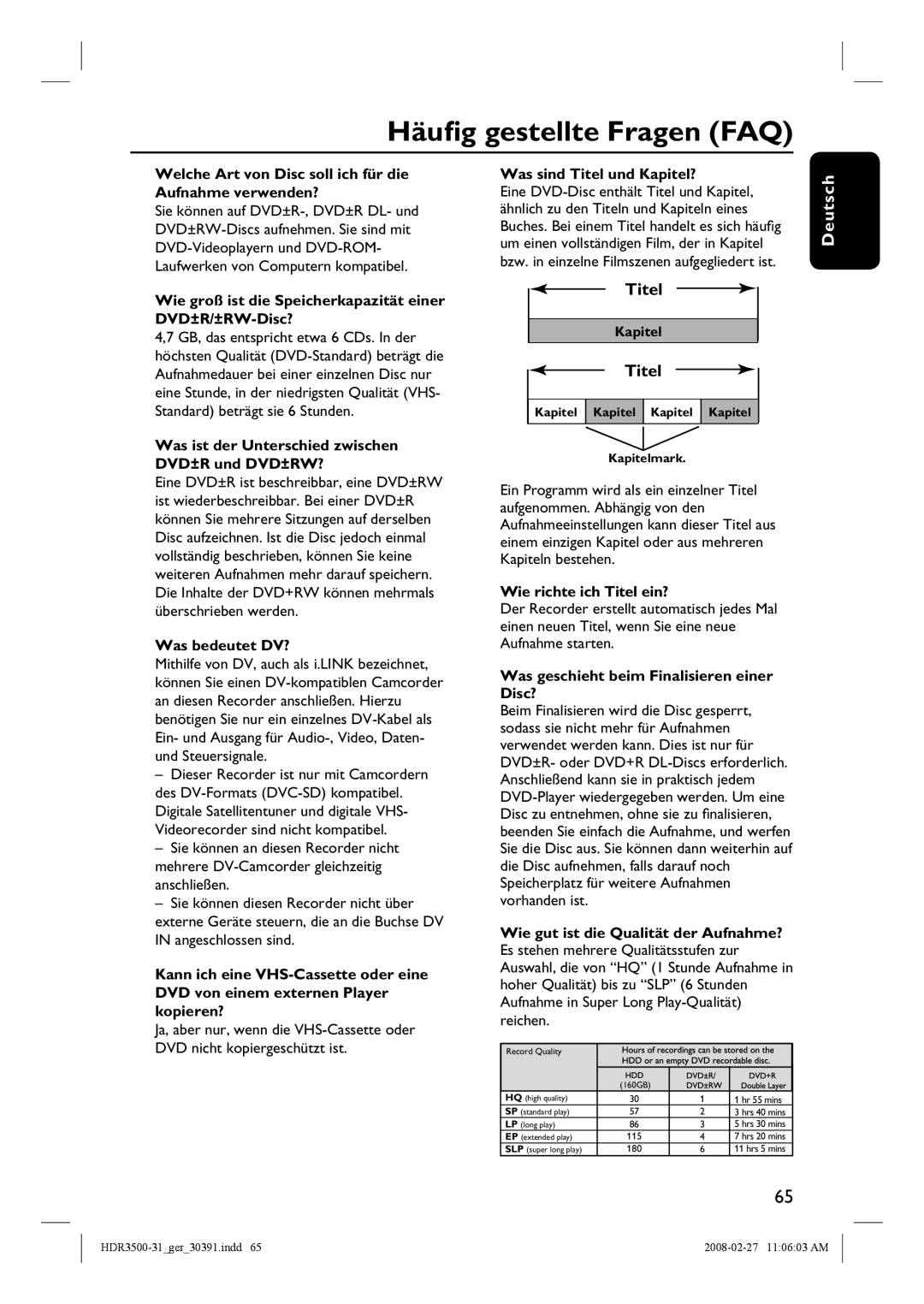 Philips HDR3500 manual Häufig gestellte Fragen FAQ 