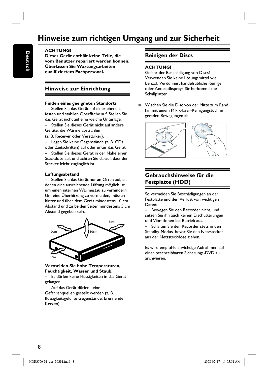 Philips HDR3500 Hinweise zum richtigen Umgang und zur Sicherheit, Hinweise zur Einrichtung, Reinigen der Discs, Achtung 
