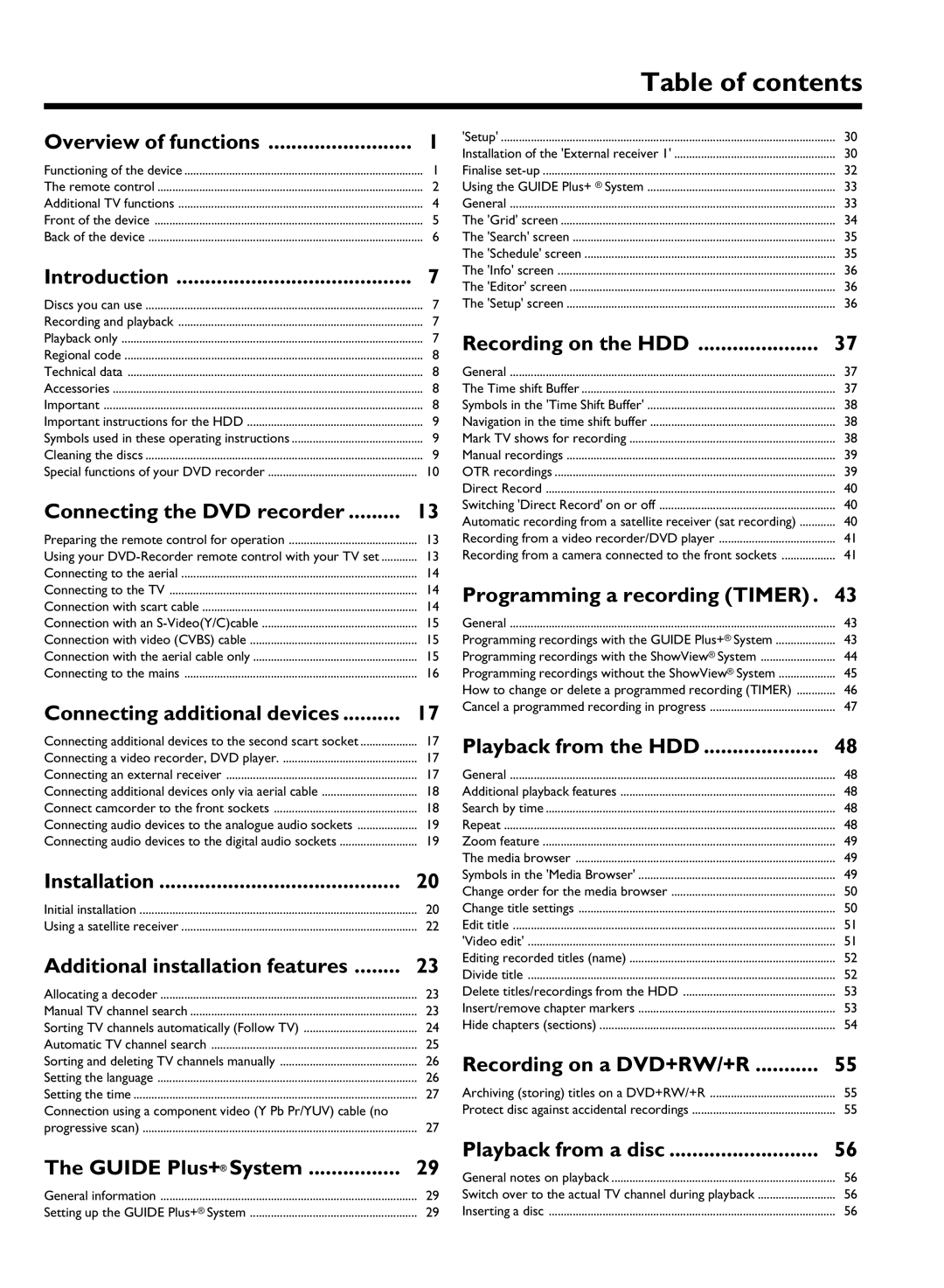 Philips HDRW 720/00-02 operating instructions Table of contents 