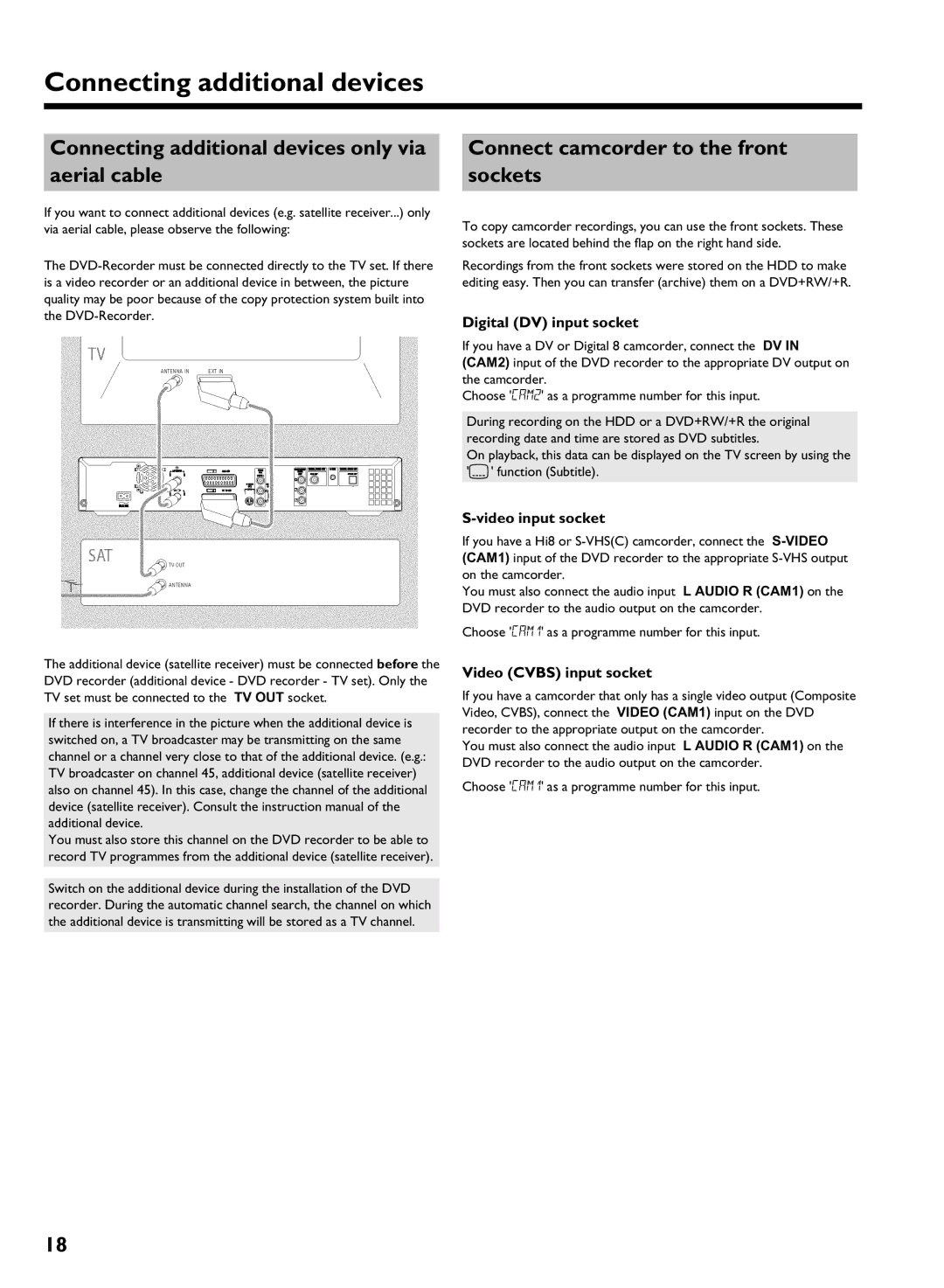 Philips HDRW 720/00-02 operating instructions Connect camcorder to the front, Aerial cable Sockets, Digital DV input socket 