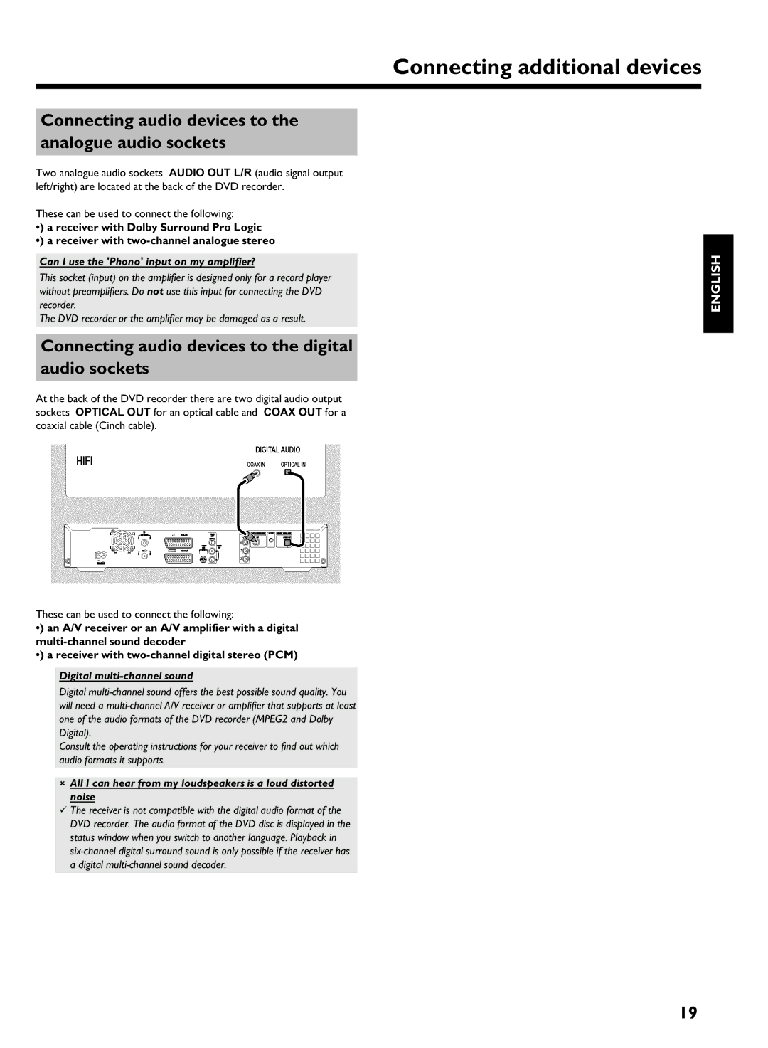 Philips HDRW 720/00-02 Connecting audio devices to the analogue audio sockets, Can I use the Phono input on my amplifier? 