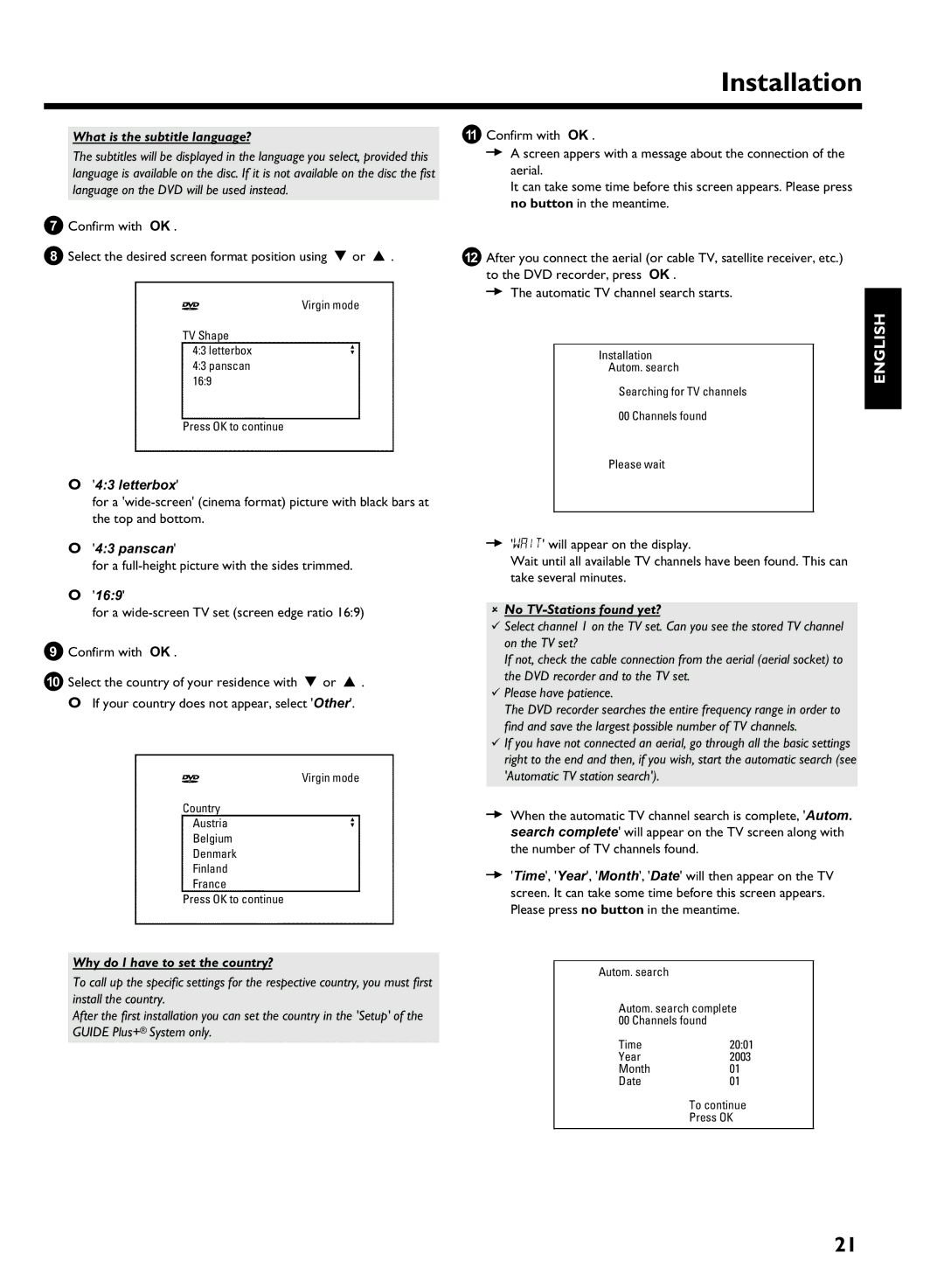 Philips HDRW 720/00-02 What is the subtitle language?, Letterbox, Panscan, 169, Why do I have to set the country? 