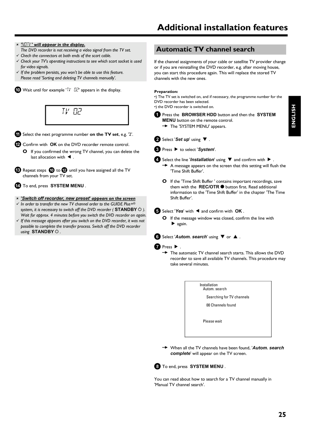 Philips HDRW 720/00-02 operating instructions Automatic TV channel search, Will appear in the display 