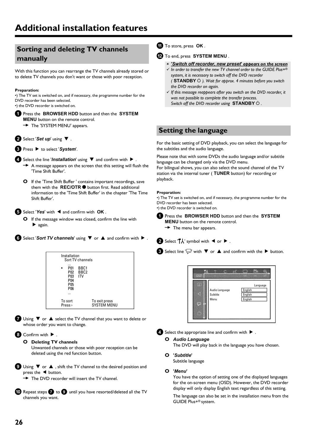 Philips HDRW 720/00-02 Sorting and deleting TV channels manually, Setting the language, Deleting TV channels, Menu 