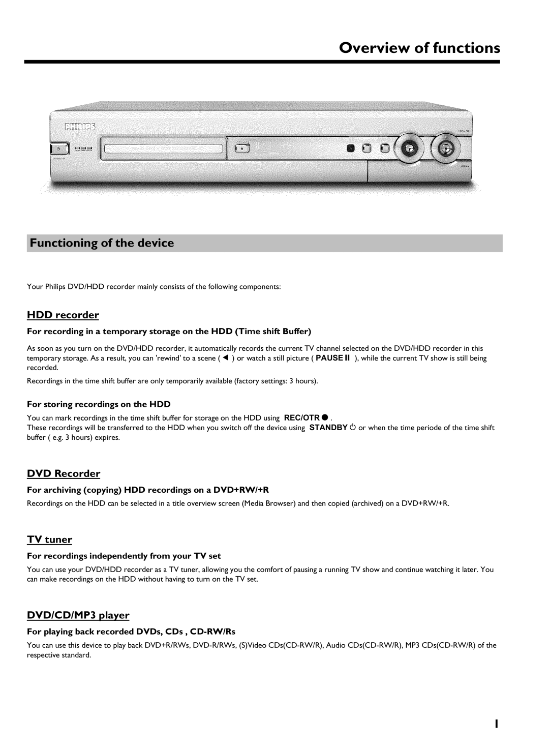 Philips HDRW 720/00-02 operating instructions Overview of functions, Functioning of the device 