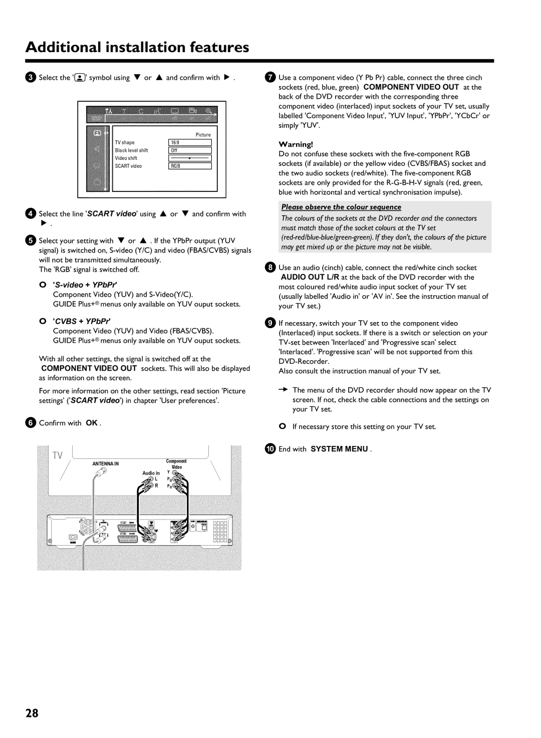 Philips HDRW 720/00-02 Video + YPbPr, Cvbs + YPbPr, Please observe the colour sequence, 0End with System Menu 