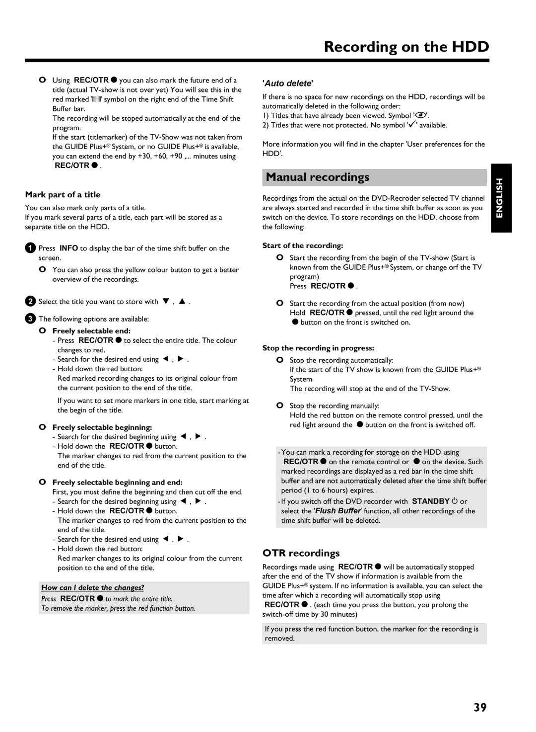 Philips HDRW 720/00-02 Manual recordings, OTR recordings, Mark part of a title, Auto delete, How can I delete the changes? 